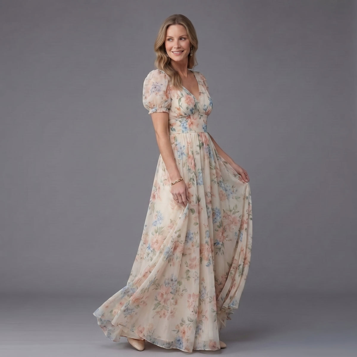 Elara Floral Puff Sleeve Maxi Dress