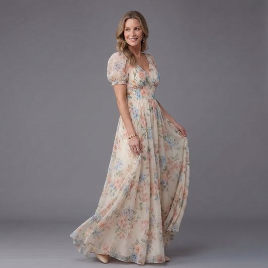 Elara Floral Puff Sleeve Maxi Dress