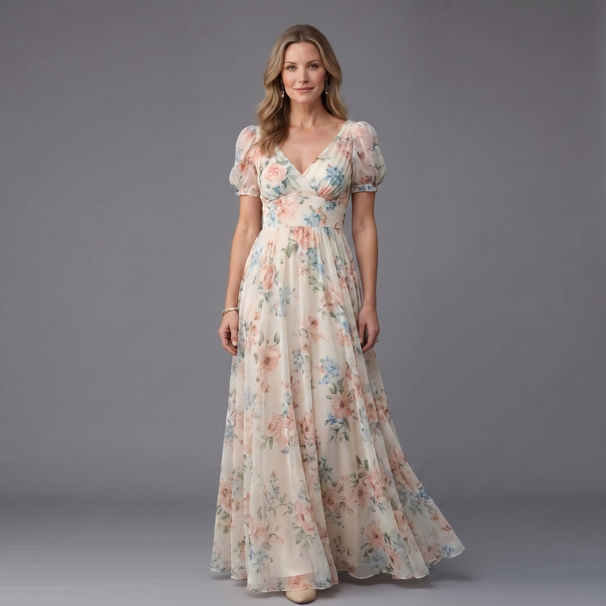 Elara Floral Puff Sleeve Maxi Dress